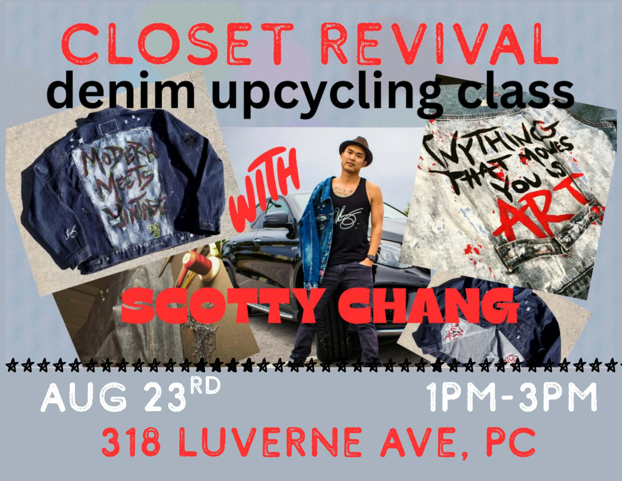Closet Revival Denim Upcycling Class with Scotty Chang — Aug 23, 1–3 PM, 318 Luverne Ave, Panama City