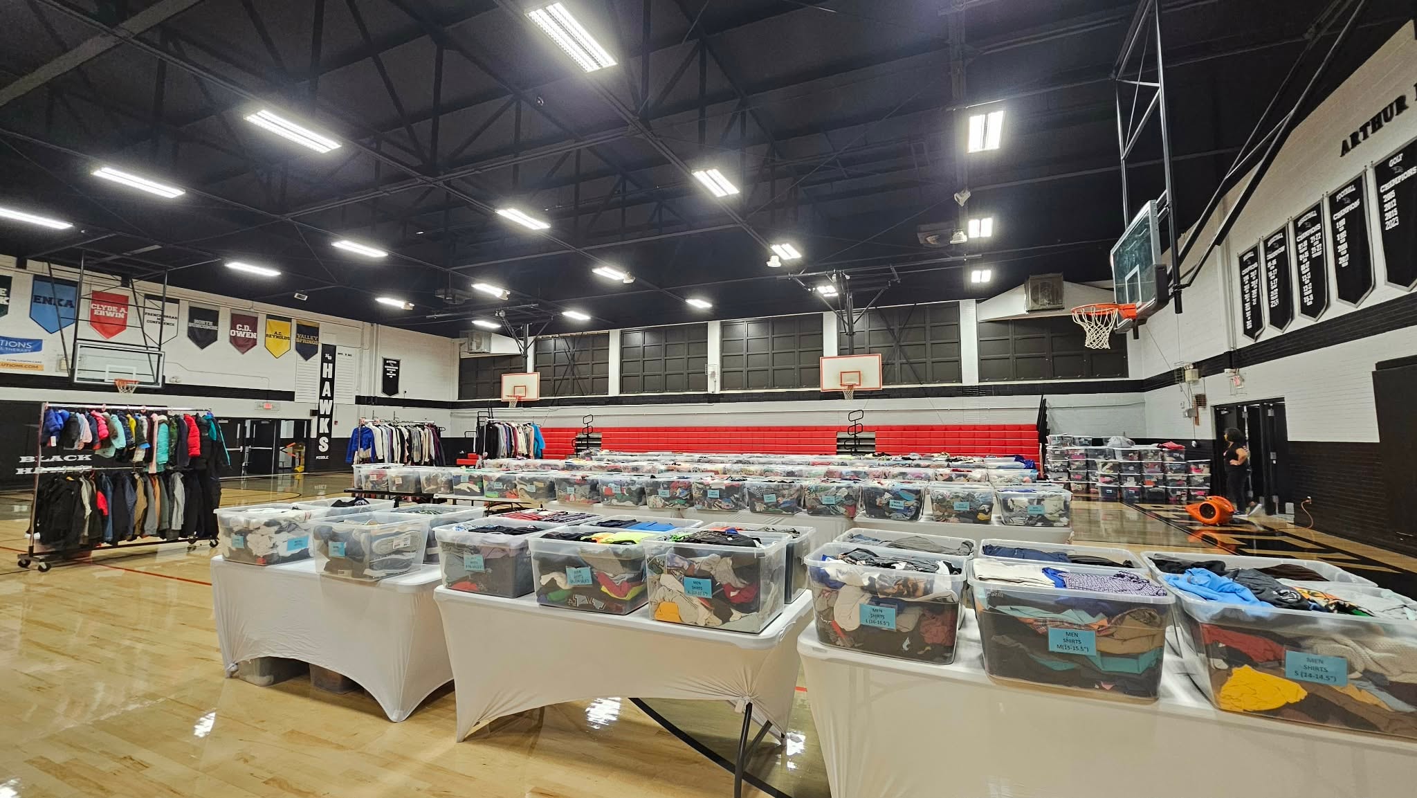 Clothing donation sale at gymnasium