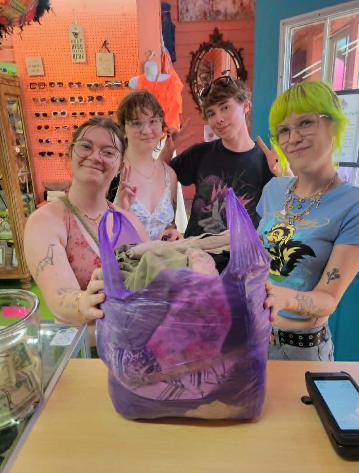 Happy shopper with her Bargain Attic bag sale finds